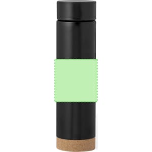 A drink bottle with a sleek black finish and a cork base, featuring a blank area for custom branding.
