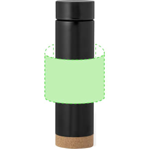 A drink bottle in black with a cork base and a circular branding area.