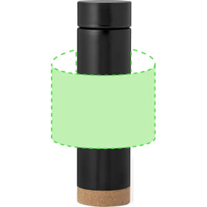 A drink bottle in black with a cork base, featuring a sleek, minimalist design and a branding logo.