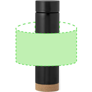 A drink bottle with a black body and a cork base, featuring a cylindrical shape and a lid. It has a logo.