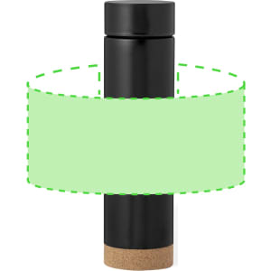 A drink bottle in black with a cork base, featuring a logo on the surface.