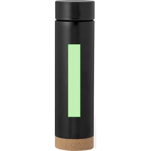 A drink bottle featuring a sleek black design with a green accent and a cork base. It has a logo on the surface.