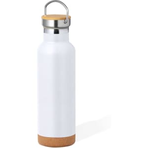 A drink bottle in white with a cork base and a silver lid, featuring a carry handle and a logo.