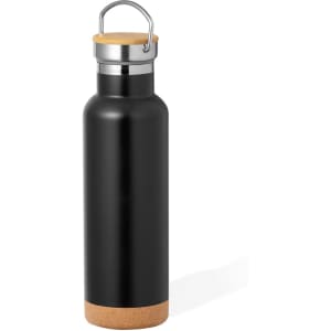 A drink bottle in matte black with a cork bottom and a silver lid, featuring a metal handle.