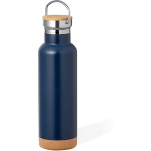 A drink bottle in navy blue with a cork bottom and a metal lid featuring a carry handle.