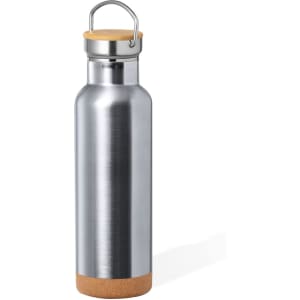 A drink bottle made of stainless steel with a cork base and a silver finish. It features a metal cap with a handle.