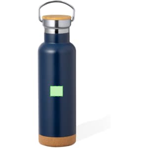 A drink bottle in navy blue with a metal body and cork base, featuring a silver cap and a logo.