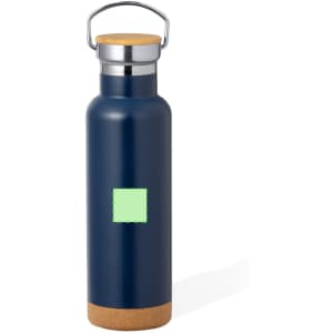 A drink bottle in navy blue with a cork base and a metal lid, featuring a logo on the side.