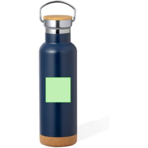 A drink bottle in navy blue with a cork base and a logo on the side.