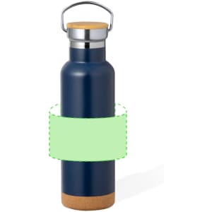 A drink bottle with a navy finish, cork base, and a metal lid, featuring a branding logo.