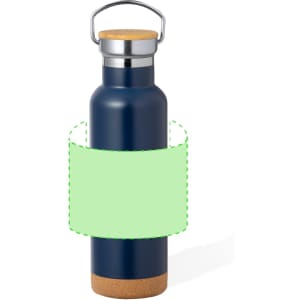 A drink bottle in navy blue with a cork base and a metal lid. It features a handle and has a blank area for branding.
