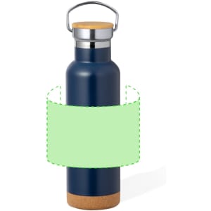 A drink bottle in navy blue with a cork base, featuring a metal cap and a wire handle. It has a branding logo.