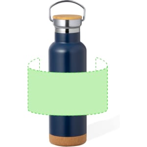 A drink bottle in navy blue with a cork base and a metal lid featuring a handle. It has a logo on the side.