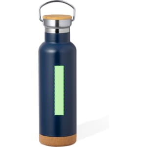 A drink bottle in navy blue with a cork base and a green section, featuring a metal lid and handle.