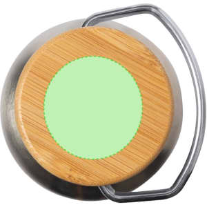 A drink bottle with a stainless steel body, a bamboo lid, and a metal handle. It features a circular green centre.