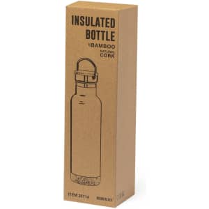 A drink bottle in a natural cork and bamboo design, packaged in a tall, brown box with a logo.