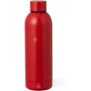 A drink bottle in bright red, made from insulated stainless steel, featuring a sleek design and a logo.
