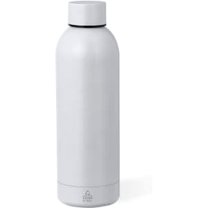 A drink bottle in sleek white stainless steel with a rounded shape and a black lid. It features a logo.