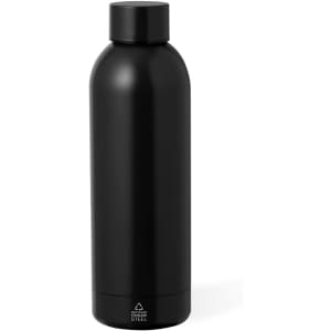 A drink bottle in matte black stainless steel, featuring a sleek design and a simple logo.