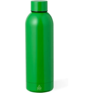 A drink bottle in bright green, featuring a sleek, rounded design and a removable cap, with branding visible.