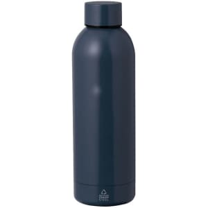 A drink bottle in navy blue with a sleek, stainless steel design and a rounded cap. Features a branding logo.