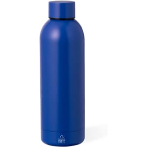 A drink bottle in a vibrant blue colour, made from stainless steel, featuring a sleek design and a logo.