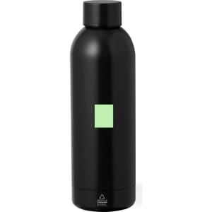 A drink bottle made of insulated steel, featuring a sleek black finish with a green accent and a logo.