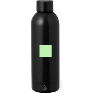 A drink bottle in black stainless steel, featuring a mint green square logo.