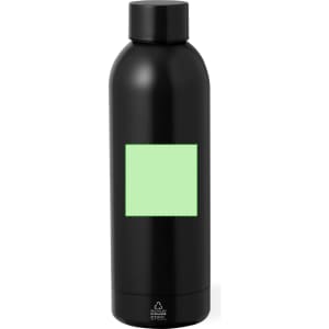 A drink bottle in black featuring a logo and a blank green label section for customisation. Made from insulated steel.
