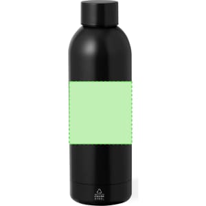 A drink bottle with a sleek black design and a blank light green section, featuring a logo at the base.
