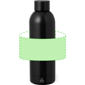 A drink bottle in black stainless steel with a sleek design and a logo present on the surface.