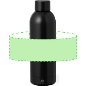A drink bottle with a sleek black design and a round base, featuring a logo. Made from insulated stainless steel.