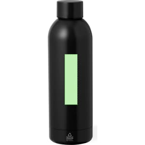 A drink bottle in black stainless steel with a green section and a logo.