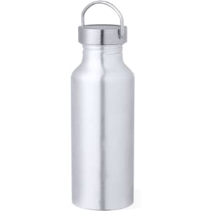 A drink bottle in silver metal with a screw top and a handle. It features a logo on the front.