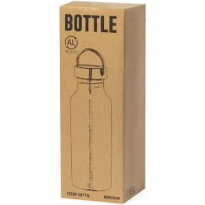A drink bottle in a sleek black finish, presented in a simple brown cardboard packaging with a logo.