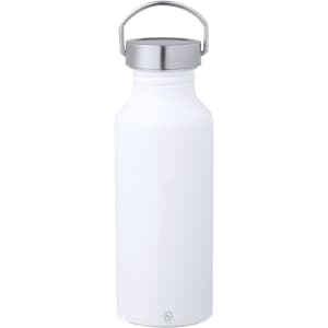 A drink bottle in white with a stainless steel lid and a handle, featuring a simple and sleek design.