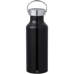 A drink bottle in matte black, featuring a silver metal lid and a sturdy carrying handle. It includes a logo.
