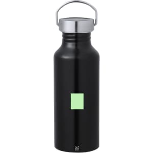 A drink bottle in black with a silver lid and a green rectangular logo. It features a carry handle on top.