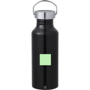 A drink bottle in black with a silver lid, featuring a square green display area. It has a carrying handle and a logo.
