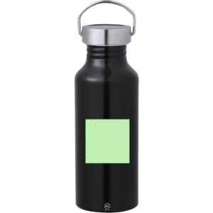 A drink bottle in black with a silver cap and a green square area, featuring a logo.