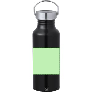 A drink bottle featuring a black finish with a silver cap and a square green area for customisation.