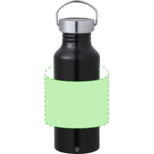 A drink bottle in black with a silver lid, featuring a logo and an empty green label around its middle.