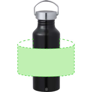 A drink bottle in black metal with a silver screw-top lid and a handle. It features a logo.