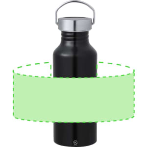A drink bottle in black metal with a silver lid and a handle, featuring a logo on the front.