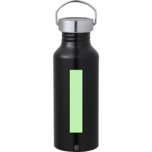 A drink bottle in matte black with a silver cap and a green rectangular area. It features a handle on the lid.