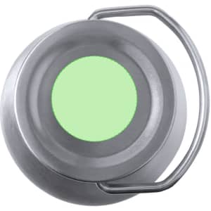 A drink bottle with a silver exterior and a green accent. It features a handle and a round base.