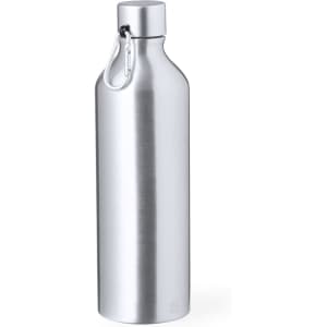 A drink bottle in a sleek silver finish with a secure cap and a metal clip for easy carrying.