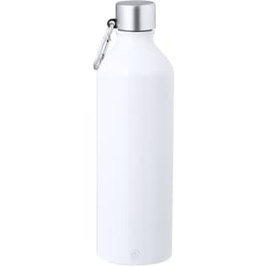 A drink bottle in white with a silver cap and a carabiner. It features a sleek, minimalist design.