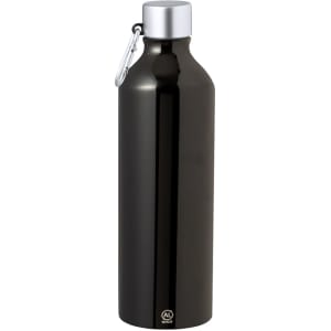 A drink bottle in sleek black with a silver cap and a carabiner attachment. Features a logo on the base.