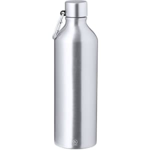 A drink bottle in stainless steel with a sleek, silver finish and a carabiner attached. Features a brand logo.